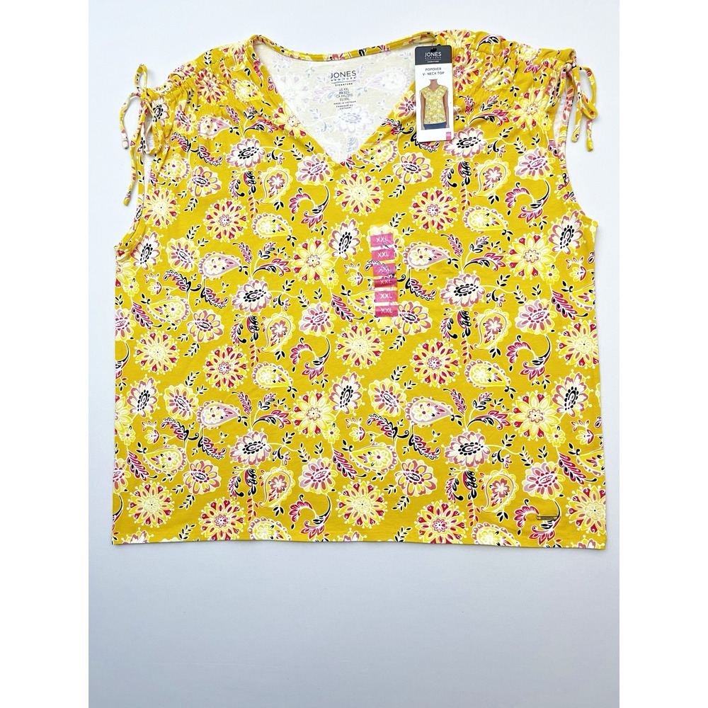 Jones New York Women's XXL Yellow Floral Popover V-Neck Top NWT Short Sleeve